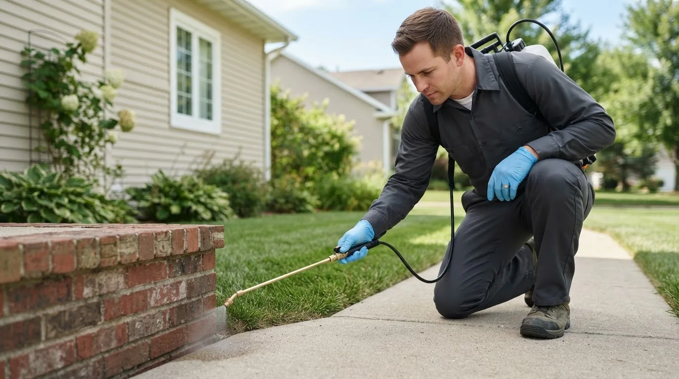 Pest control technician treating a home near Pearland, TX